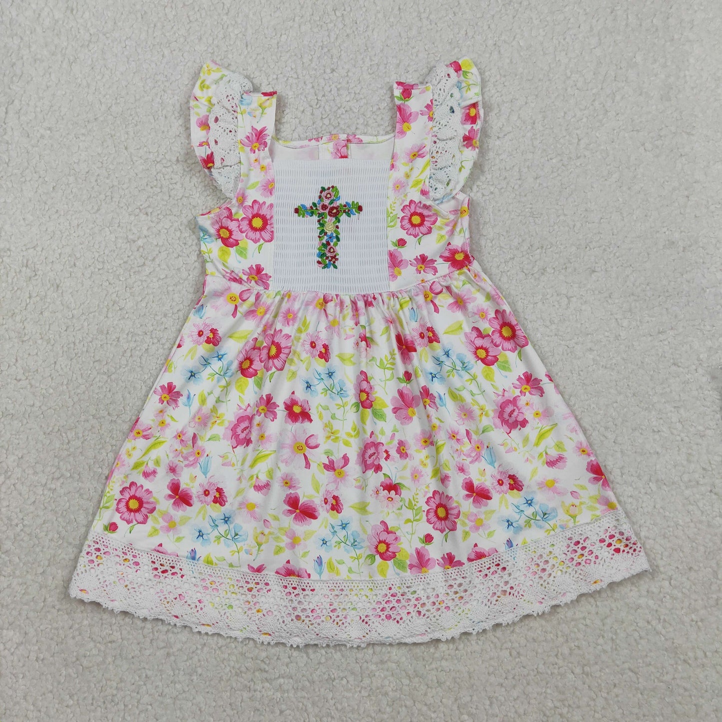 Smocked Floral Cross Baby Girls Easter Lace Ruffle Knee Length Dresses