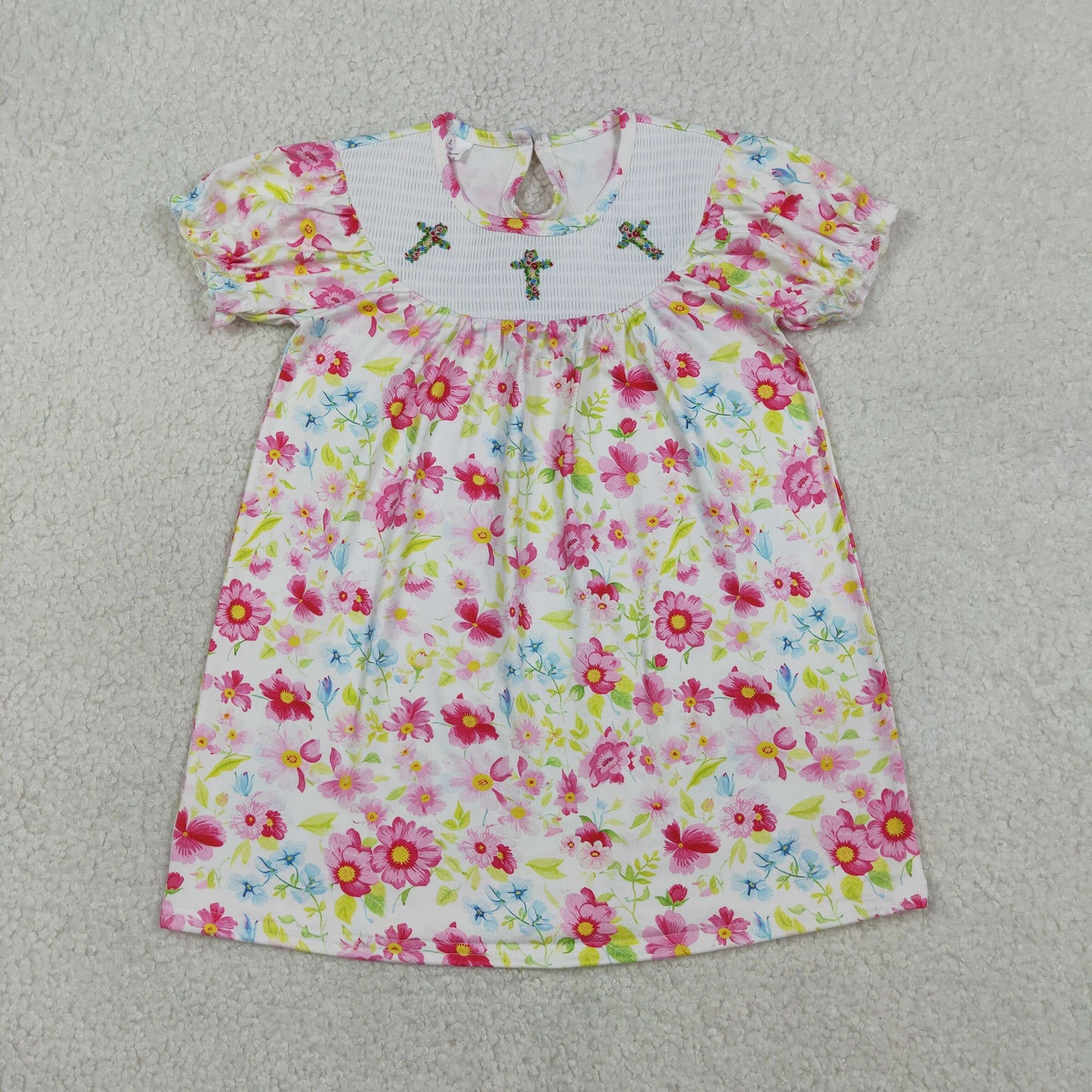 Smocked Floral Crosses Baby Girls Easter Flowers Knee Length Dresses