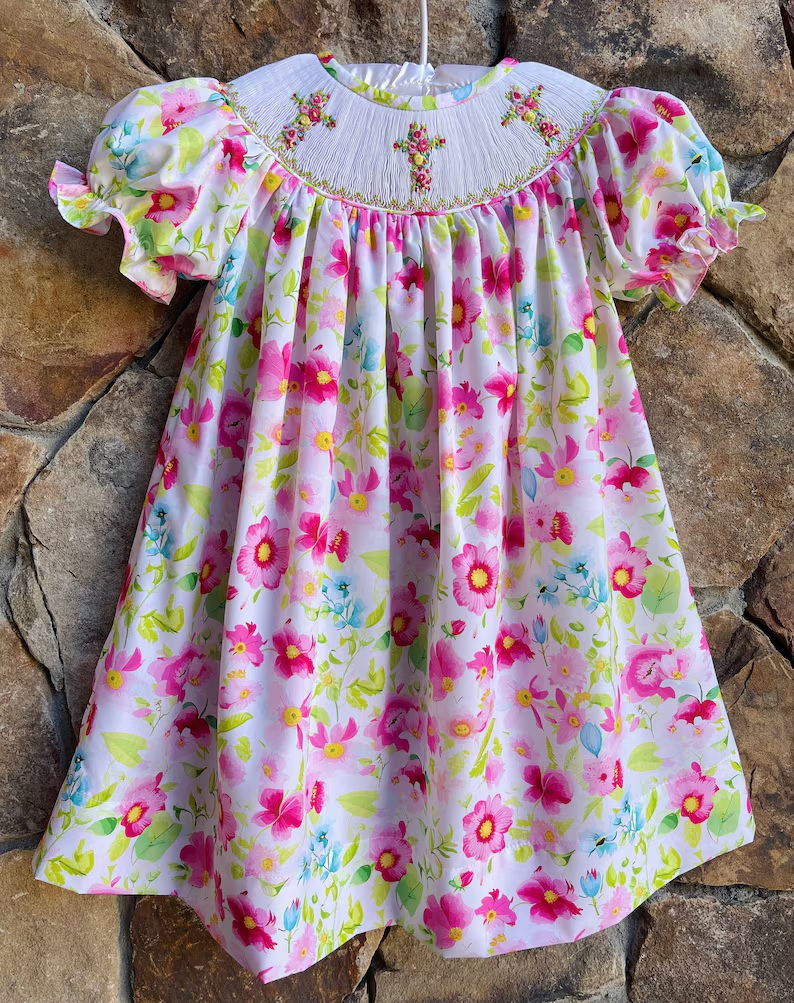 Baby Girls Floral Crosses Easter Ruffle Knee Length Dresses Preorder
