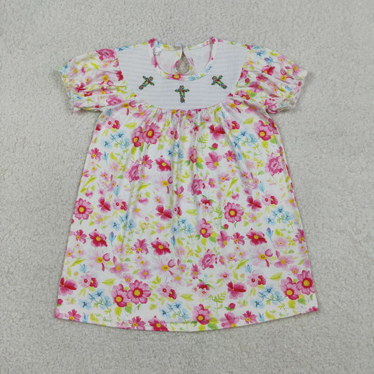 Sibling Baby Girls Smocked Floral Crosses Easter Knee Length Dresses