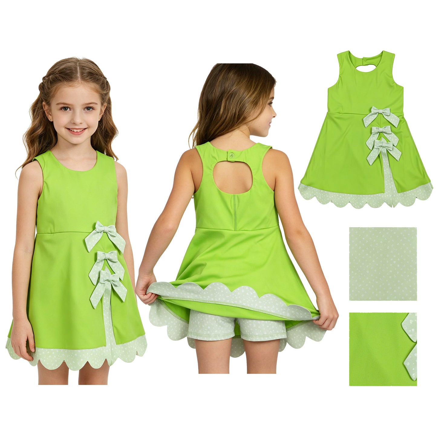 Baby Girls Light Green Sleeveless Yoga Active Shorts Bows Scallop Knee Length Dresses