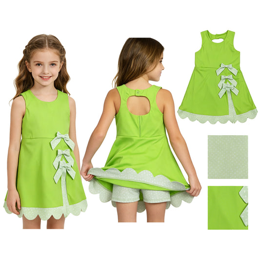 Baby Girls Light Green Sleeveless Yoga Active Shorts Bows Scallop Knee Length Dresses