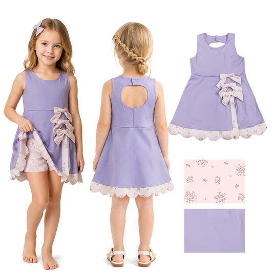 Baby Girls Purple Sleeveless Bows Yoga Active Shorts Scallop Knee Length Dresses