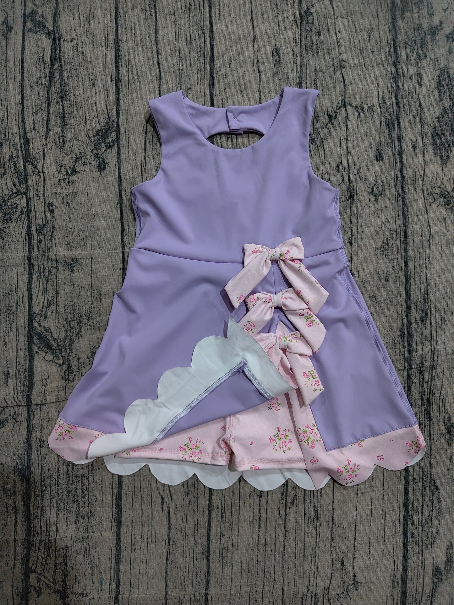 Baby Girls Purple Sleeveless Bows Yoga Active Shorts Scallop Knee Length Dresses