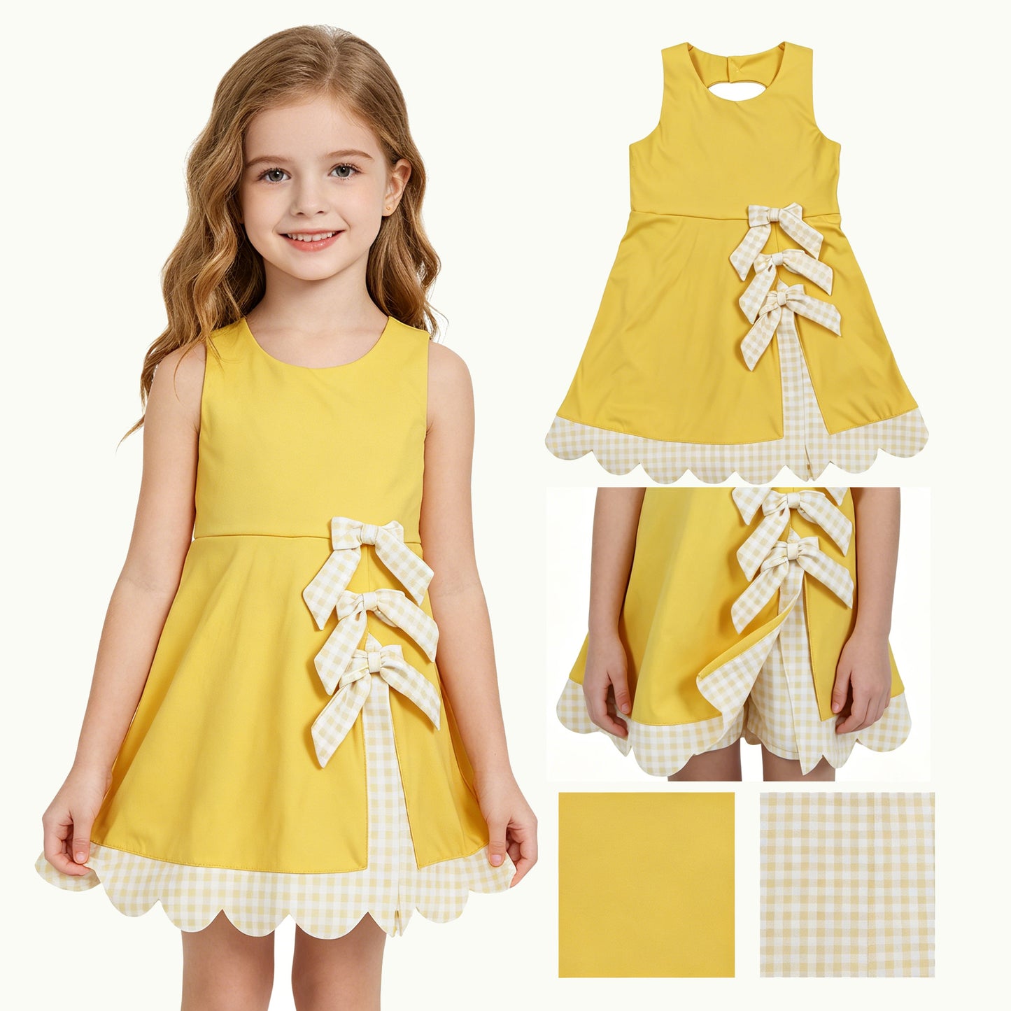 Baby Girls Yellow Sleeveless Yoga Ruffle Shorts Bows Scallop Knee Length Dresses