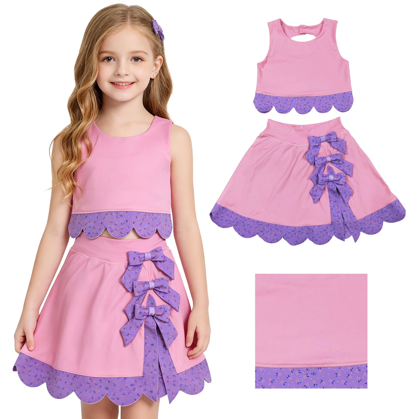 Baby Girls Pink Purple Vest Top Bows Skirt Shorts Yoga Active Scallop Clothes Sets
