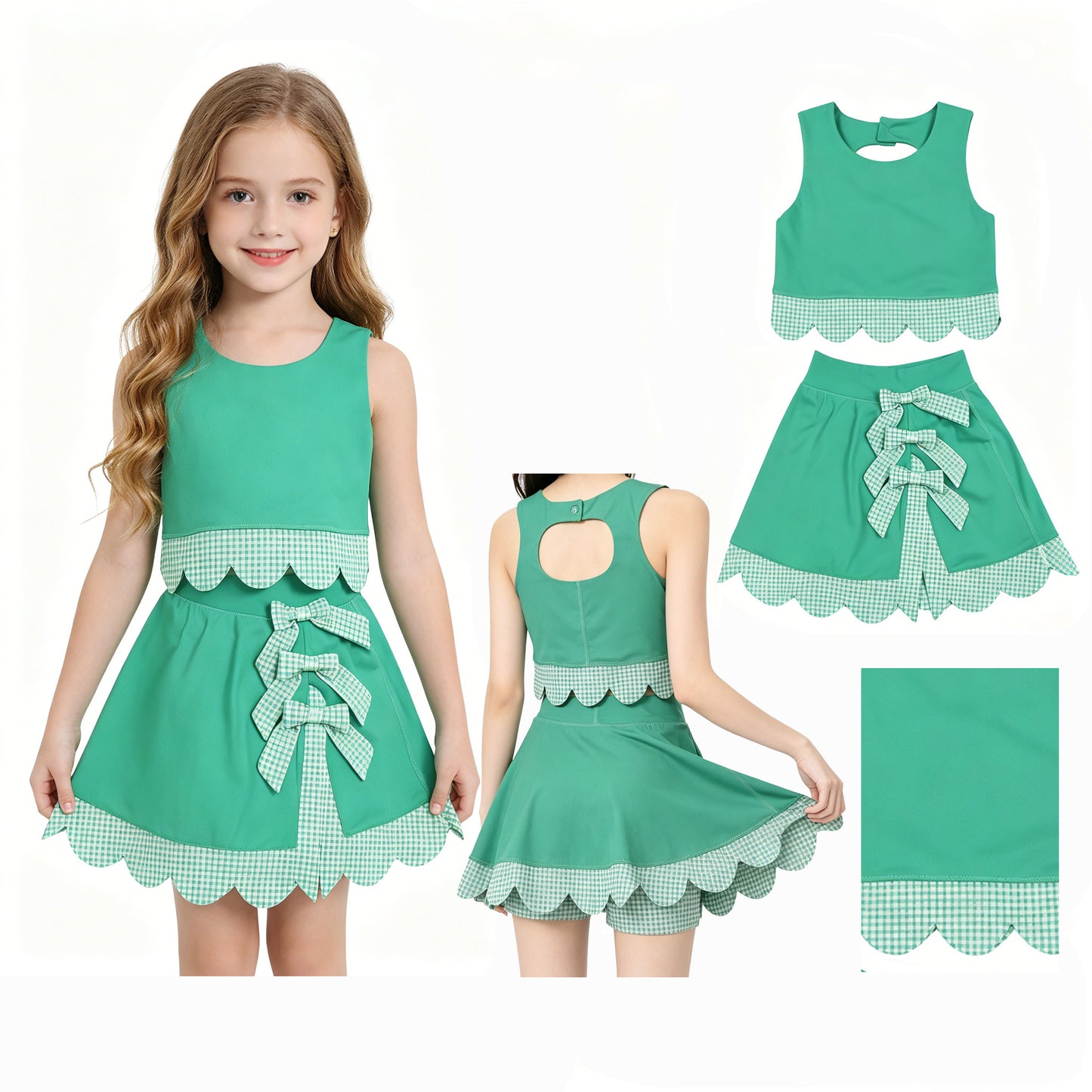 Baby Girls Green Vest Top Bows Skirt Shorts Yoga Active Scallop Clothes Sets