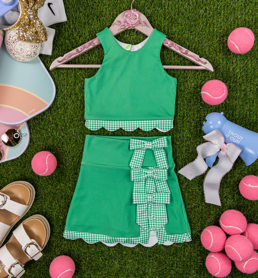 Baby Girls Green Sleeveless Vest Top Bows Skirt Shorts Yoga Clothes Sets Preorder