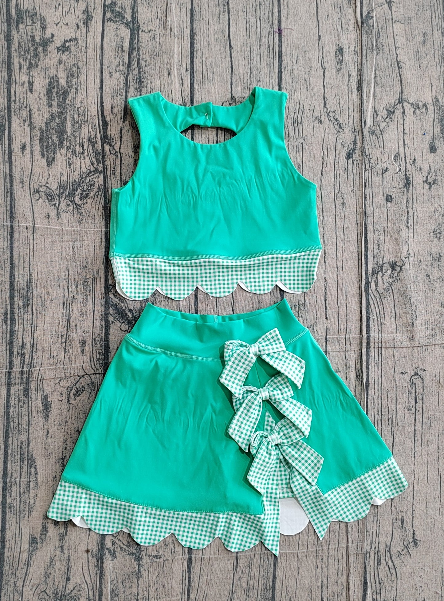 Baby Girls Green Vest Top Bows Skirt Shorts Yoga Active Scallop Clothes Sets