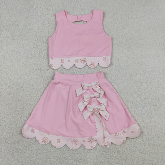 Baby Girls Light Pink Flowers Vest Bows Skirt Shorts Scallop Yoga Active Clothes Sets