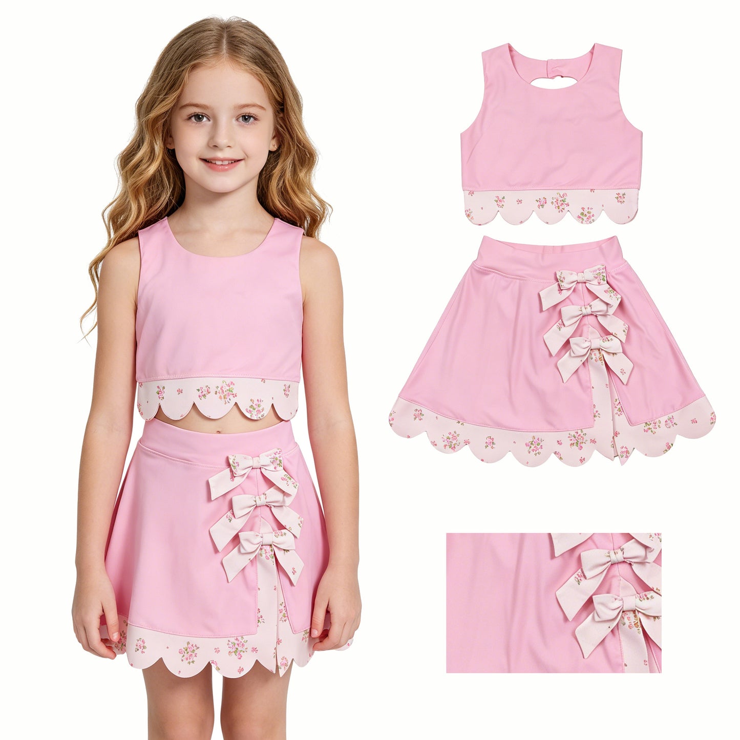 Baby Girls Light Pink Flowers Vest Bows Skirt Shorts Scallop Yoga Active Clothes Sets