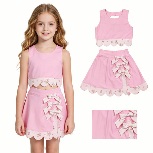Baby Girls Light Pink Flowers Vest Bows Skirt Shorts Scallop Yoga Active Clothes Sets