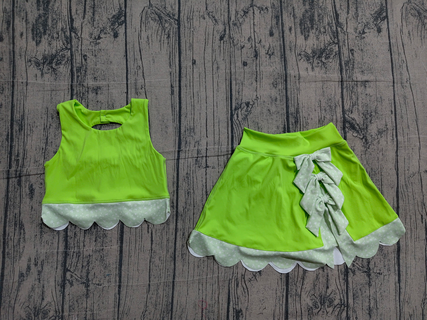 Baby Girls Green Sleeveless Vest Top Bows Skirt Shorts Yoga Active Scallop Clothes Sets