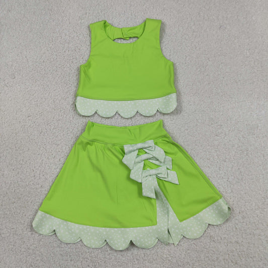 Baby Girls Green Sleeveless Vest Top Bows Skirt Shorts Yoga Active Scallop Clothes Sets