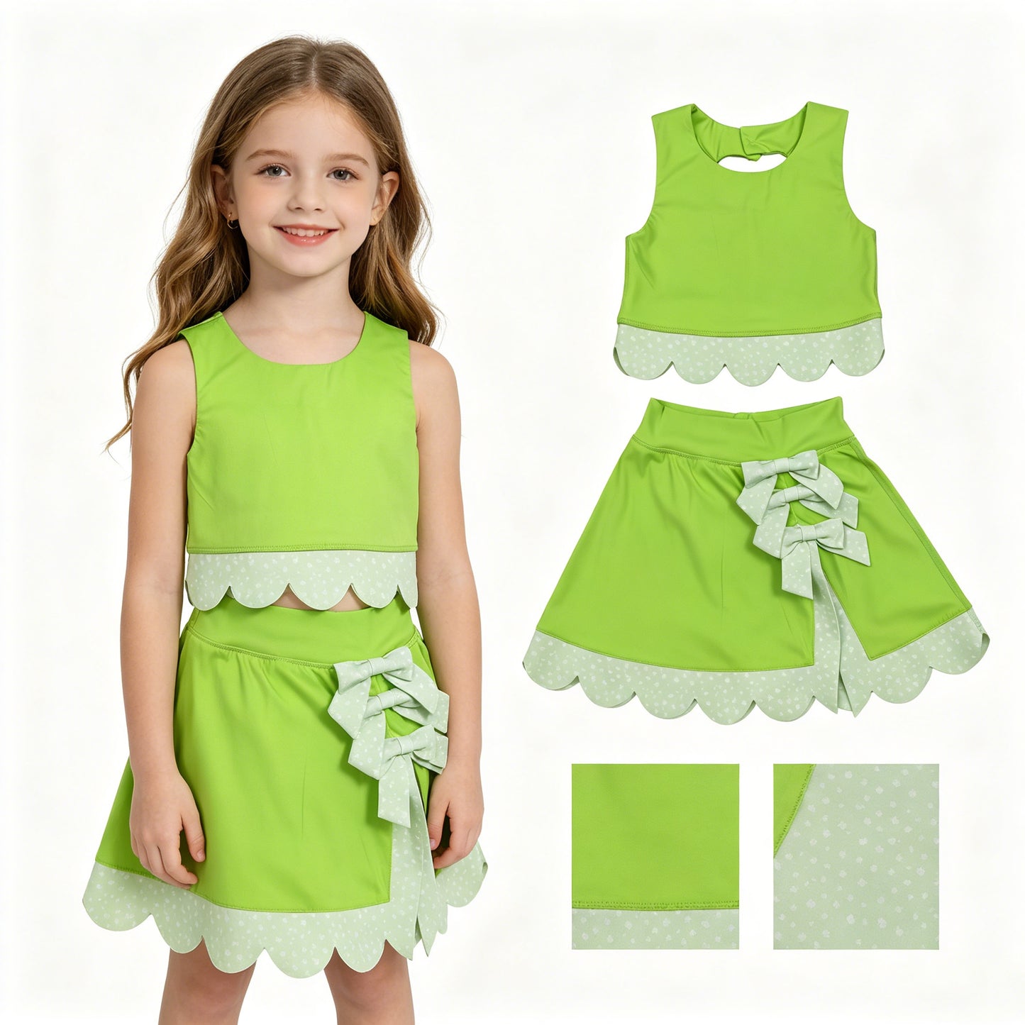 Baby Girls Green Sleeveless Vest Top Bows Skirt Shorts Yoga Active Scallop Clothes Sets