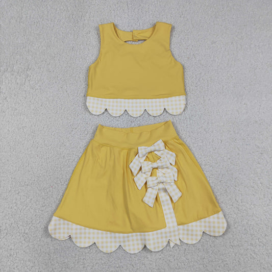 Baby Girls Yellow Vest Top Bows Skirt Shorts Yoga Active Scallop Clothes Sets
