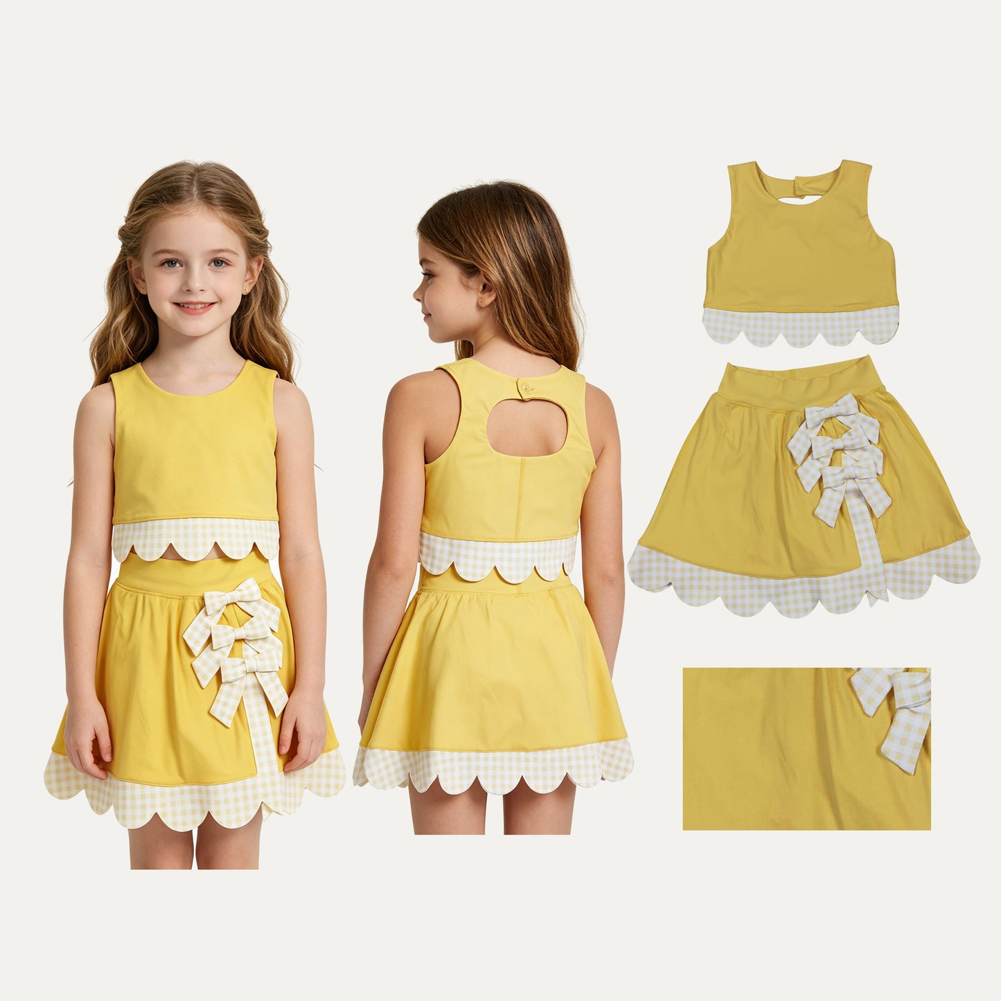 Baby Girls Yellow Vest Top Bows Skirt Shorts Yoga Active Scallop Clothes Sets
