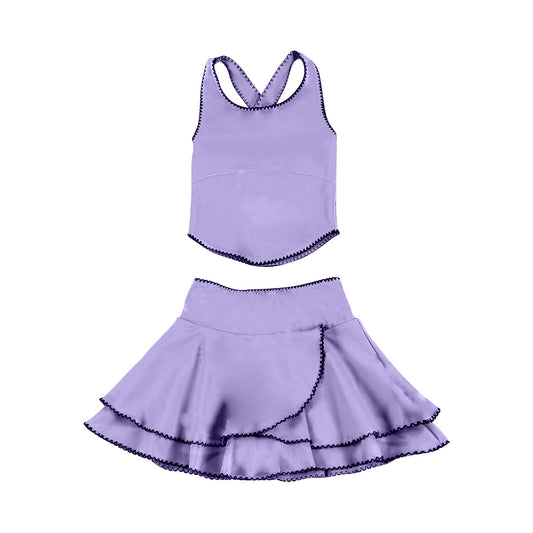 Baby Girls Purple Strap Vest Top Ruffle Skirt Shorts Yoga Clothes Sets Preorder
