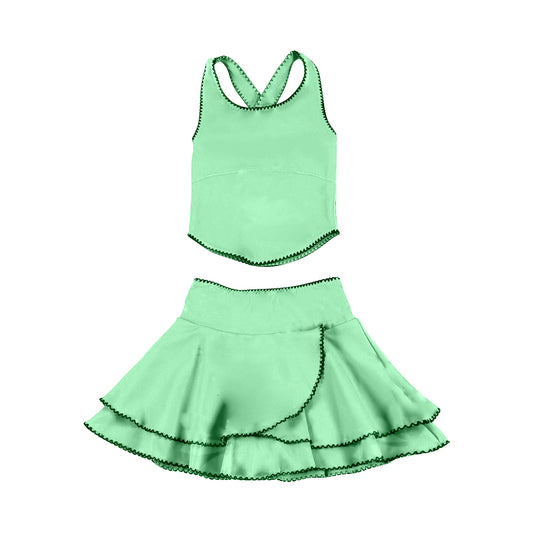 Baby Girls Green Strap Vest Top Ruffle Skirt Shorts Yoga Clothes Sets Preorder