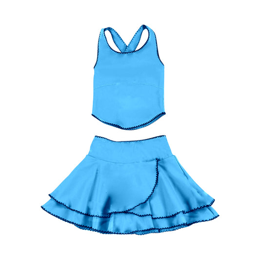 Baby Girls Blue Strap Vest Top Ruffle Skirt Shorts Yoga Clothes Sets Preorder