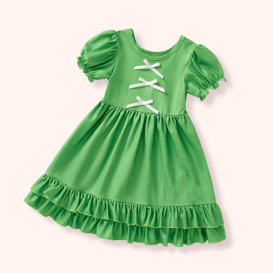 Baby Girls Green Short Sleeve Bows Ruffle Knee Length Dresses Preorder
