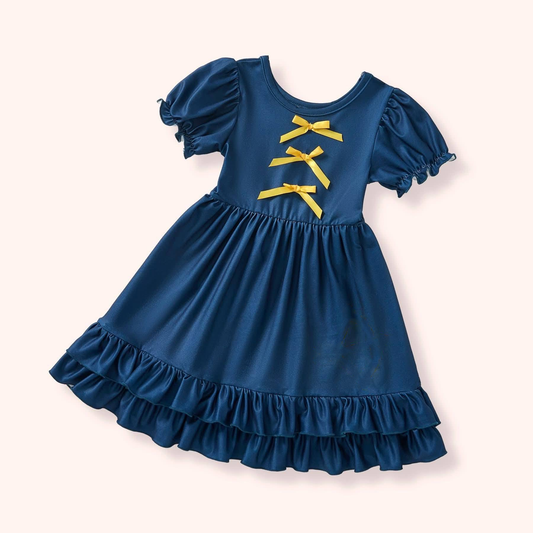 Baby Girls Hot Blue Short Sleeve Bows Ruffle Knee Length Dresses Preorder