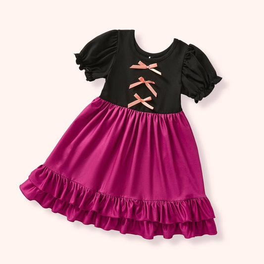 Baby Girls Black Pink Short Sleeve Bows Ruffle Knee Length Dresses Preorder