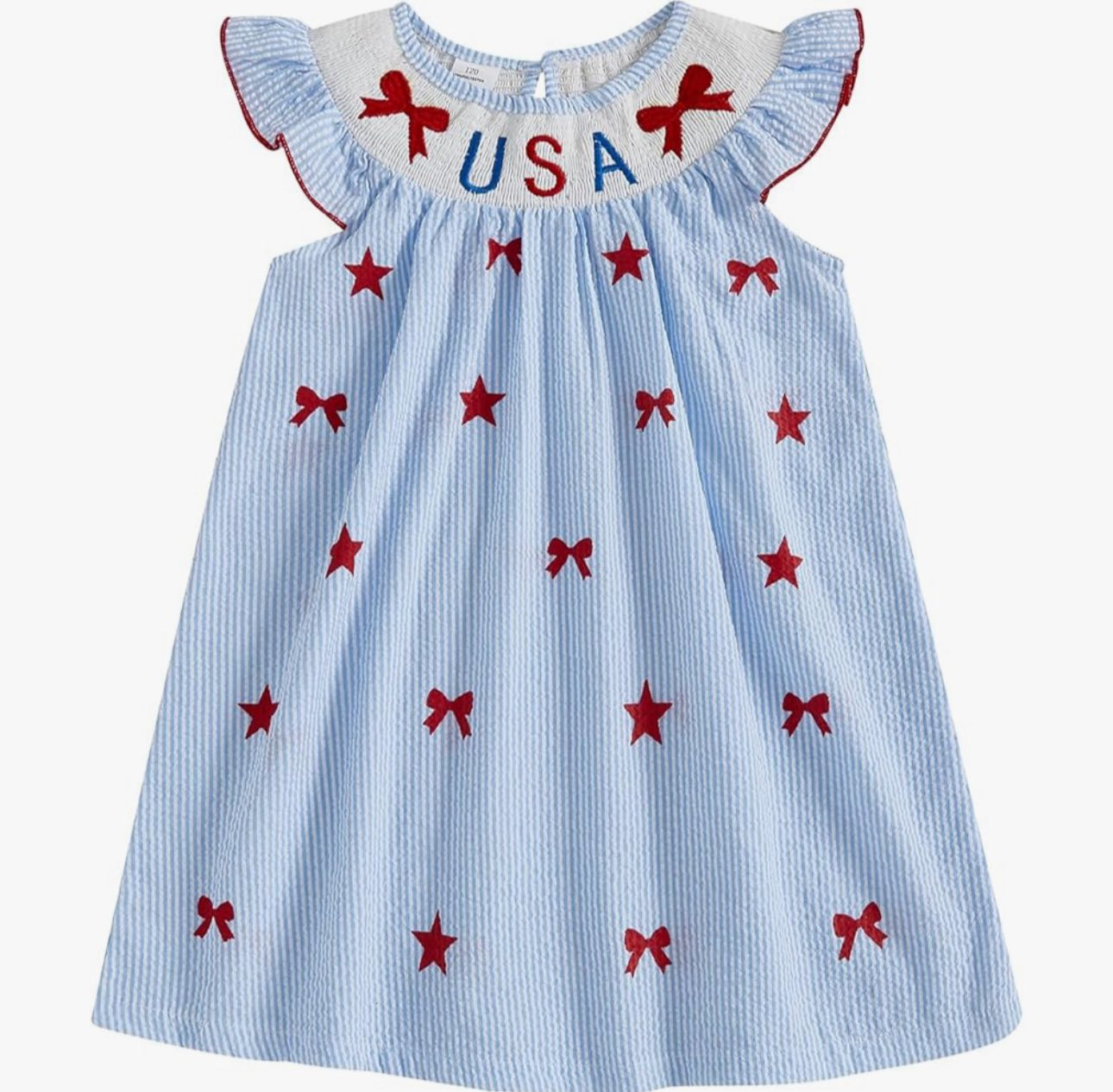 Baby Girls Blue Stripe Bows Stars USA 4th of July Knee Length Dresses Preorder