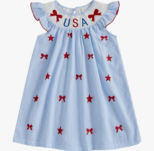 Baby Girls Blue Stripe Bows Stars USA 4th of July Knee Length Dresses Preorder