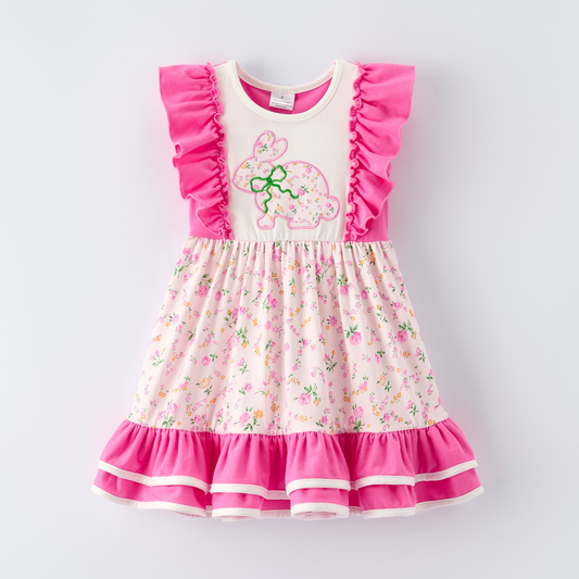 Baby Girls Flowers Bows Rabbit Easter Ruffle Knee Length Dresses Preorder