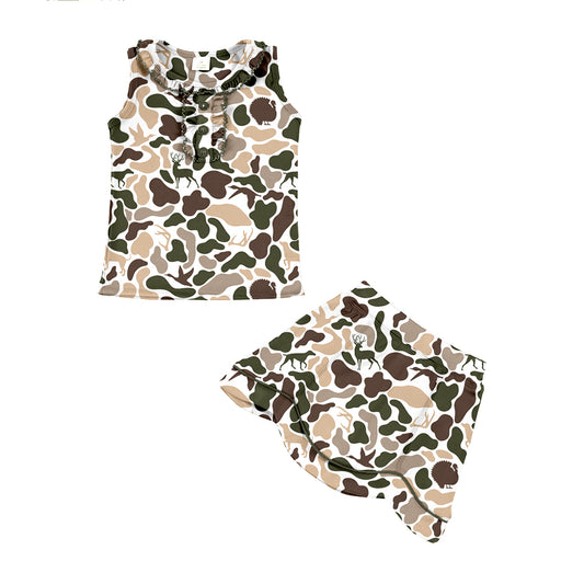 Baby Girls Deer Dog Ducks Camo Button Collar Vest Skirt Shorts Hunting Yoga Clothes Sets Preorder