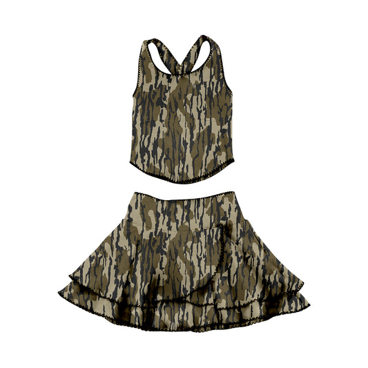 Baby Girls Southern Olive Camo Strap Vests Skirt Shorts Yoga Clothes Sets Preorder