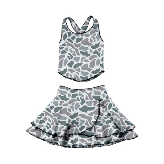 Baby Girls Southern Light Grey Camo Strap Vests Skirt Shorts Yoga Clothes Sets Preorder