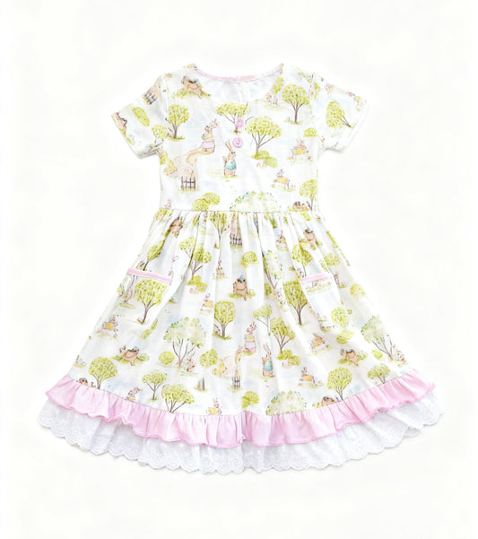 Baby Girls Flutter Sleeve Flowers Rabbits Easter Pockets Ruffle Knee Length Dresses Preorder