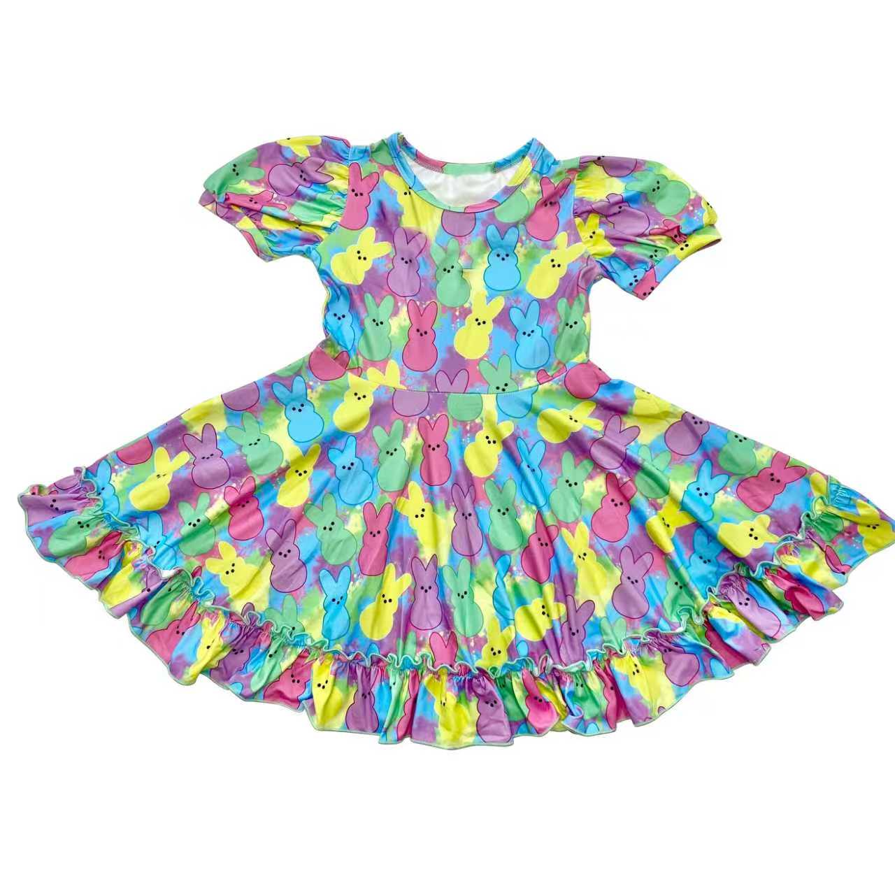 Baby Girls Colorful Camo Rabbits Easter Ruffle Knee Length Dresses Preorder