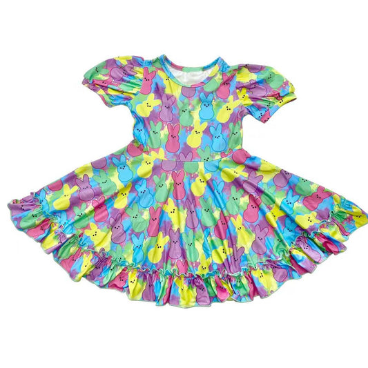 Baby Girls Colorful Camo Rabbits Easter Ruffle Knee Length Dresses Preorder