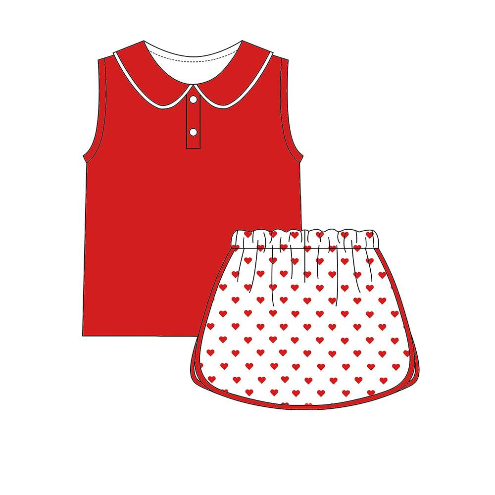 Baby Girls Red Button Collar Top Hearts Skirt Shorts Valentines Yoga Clothes Sets Preorder
