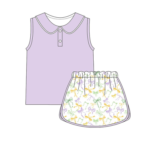 Baby Girls Lavender Button Collar Top Mardigras Bows Skirt Shorts Yoga Clothes Sets Preorder