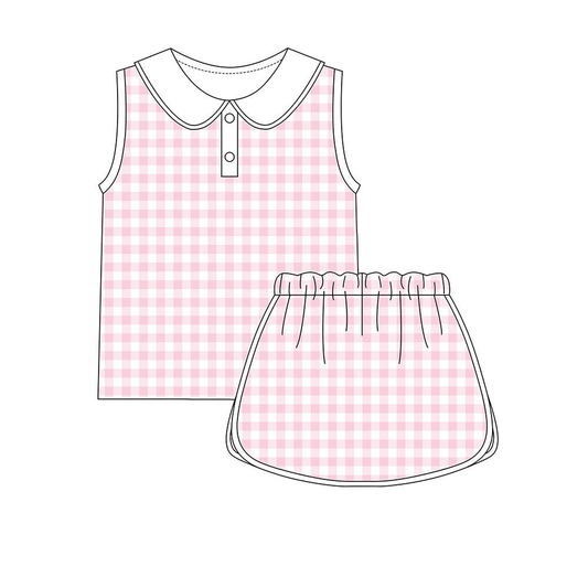 Baby Girls Pink Checked Button Collar Top Skirt Shorts Yoga Clothes Sets Preorder