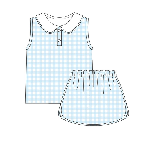 Baby Girls Blue Checked Button Collar Top Skirt Shorts Yoga Clothes Sets Preorder