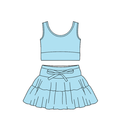 Baby Girls Blue Sleeveless Vests Top Ruffle Skirt Shorts Yoga Clothes Sets Preorder