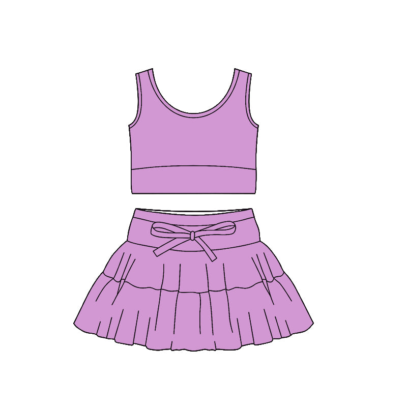 Baby Girls Purple Sleeveless Vests Top Ruffle Skirt Shorts Yoga Clothes Sets Preorder