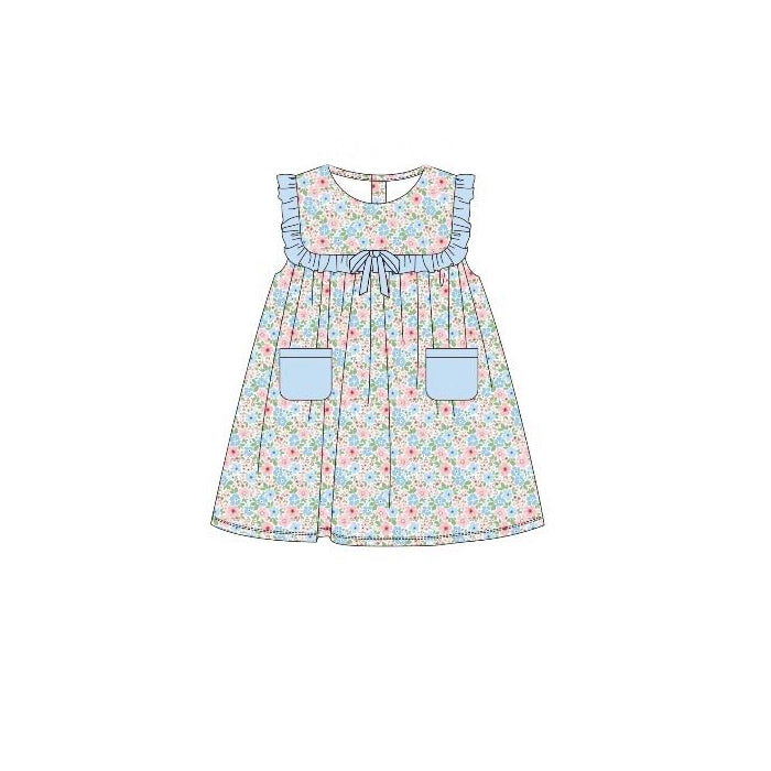 Baby Girls Sleeveless Flowers Pockets Knee Length Dresses Preorder