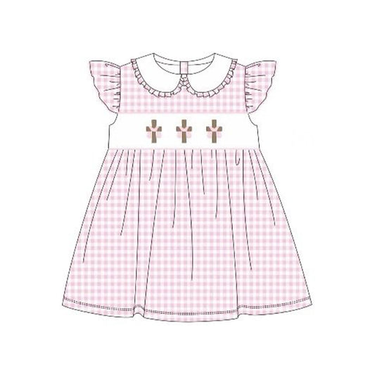 Baby Girls Pink Checked Crosses Easter Collar Knee Length Dresses Preorder