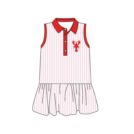 Baby Girls Button Crayfishes Pink Stripe Ruffle Knee Length Dresses Preorder