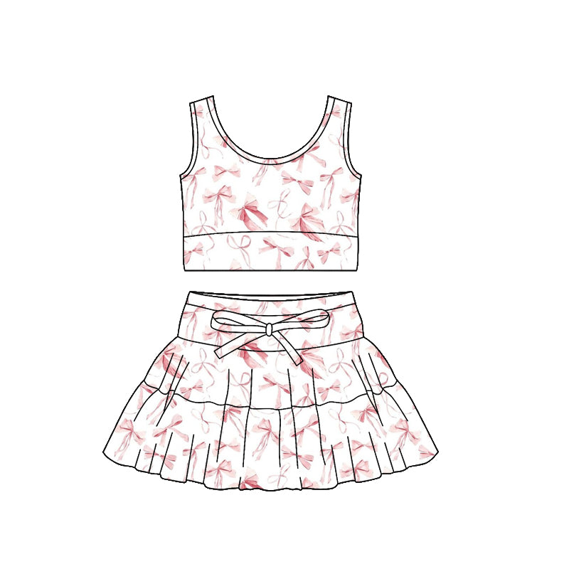Baby Girls Sleeveless Pink Bows Vests Top Ruffle Skirt Shorts Yoga Clothes Sets Preorder