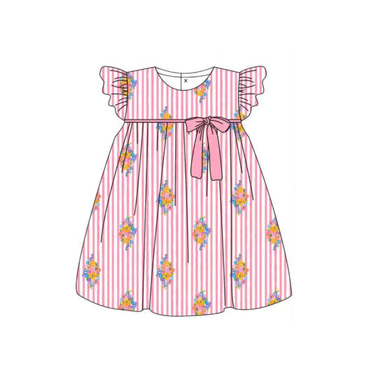 Baby Girls Pink Stripe Flutter Sleeve Flowers Bows Knee Length Dresses Preorder
