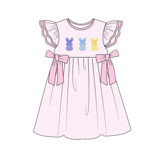 Baby Girls Pink Checked Rabbits Bows Easter Knee Length Dresses Preorder