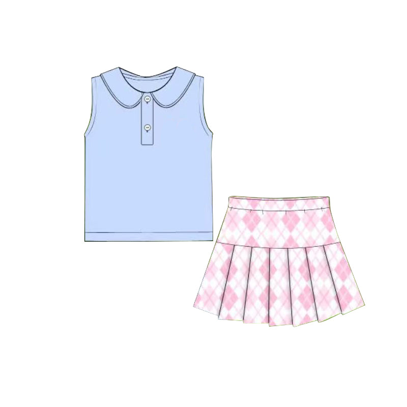 Baby Girls Blue Button Collar Top Pink Checked Pleated Skirt Shorts Yoga Clothes Sets Preorder