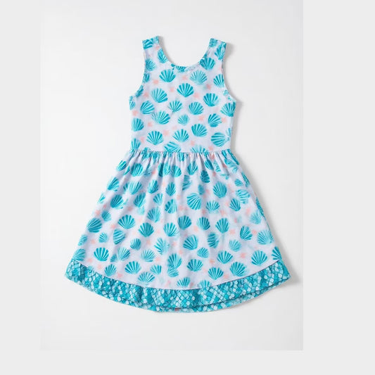 Baby Girls Sleeveless Blue Shells Ruffle Knee Length Dresses Preorder